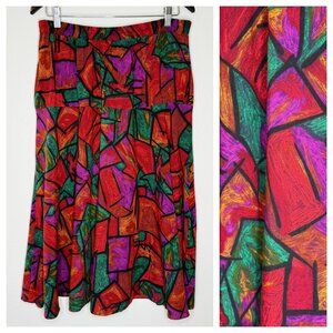 PRICE FIRM Vintage Skirt 90s Purple Red Green Abstract Printed Skirt | XL/0X